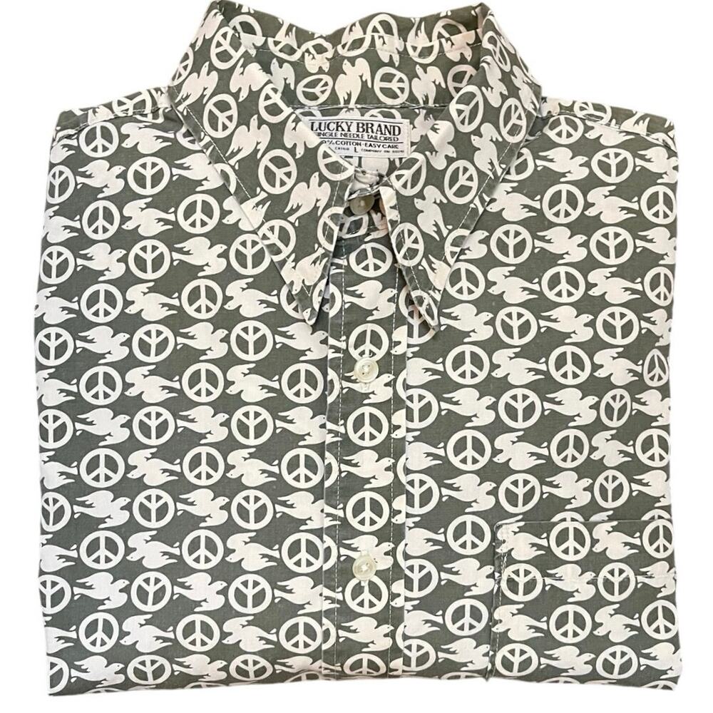 VTG Y2K Lucky Brand Men Shirt Peace Sign & Dove AOP Size Large Indie Boho Retro - Picture 3 of 9